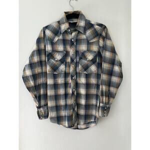 Woolrich Vintage 70s Size Small Blue Plaid Flannel Pearl Snap Longsleeve Shirt